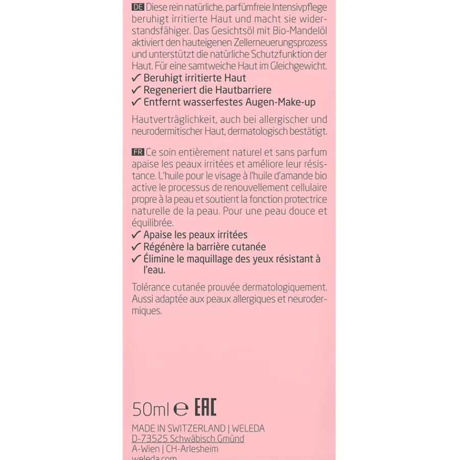 Gezichtsverzorging|Dagverzorging^WELEDA Gezichtsolie voor gevoelige huid Amandel, Natuurlijke, geurvrije olie met 3 ingrediënten voor een gekalmeerde huid en het verwijderen van oogmake-up