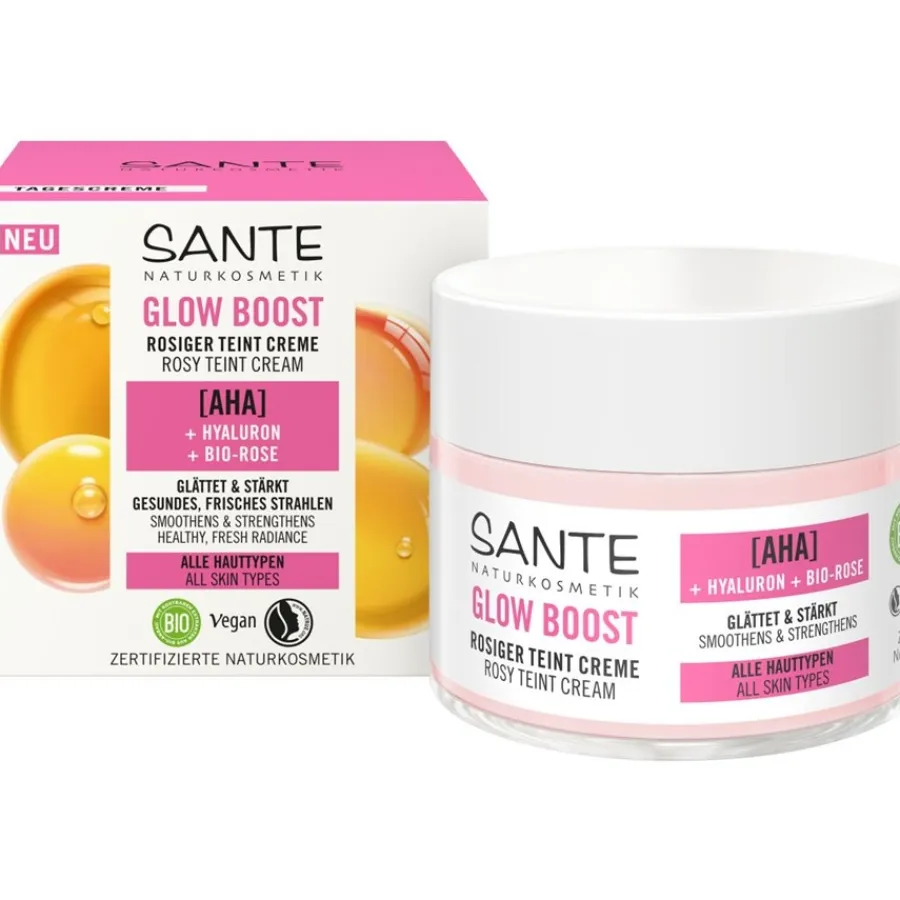 Gezichtsverzorging|Dagcrème^Sante Naturkosmetik Gloed Boost teintcrème, AHA, hyaluronzuur & organische roos