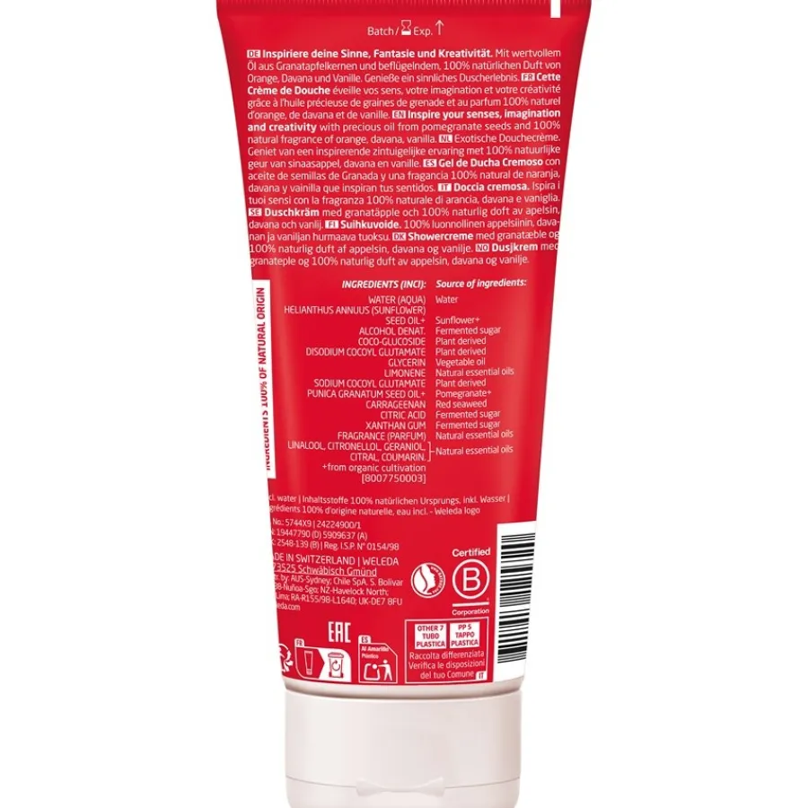 Heren|Hand & Voet^WELEDA Inspire Douchecrème Granaatappel, Vrouwelijke, sensuele geur voor lichaam en geest