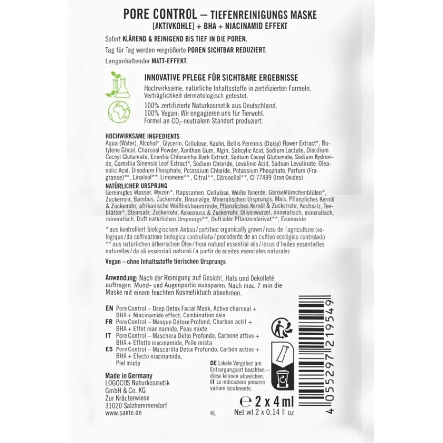 Maskers|Reinigende Maskers^Sante Naturkosmetik Pore Control diep reinigend masker met geactiveerde houtskool, BHA & niacinamide complex