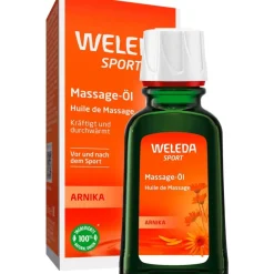 Lichaamsverzorging|Zonbescherming^WELEDA Sport Massageolie Arnica, De massage stimuleert de bloedsomloop, verwarmt en versoepelt de spieren