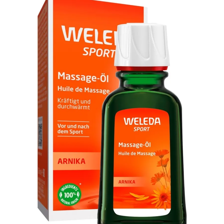 Lichaamsverzorging|Zonbescherming^WELEDA Sport Massageolie Arnica, De massage stimuleert de bloedsomloop, verwarmt en versoepelt de spieren