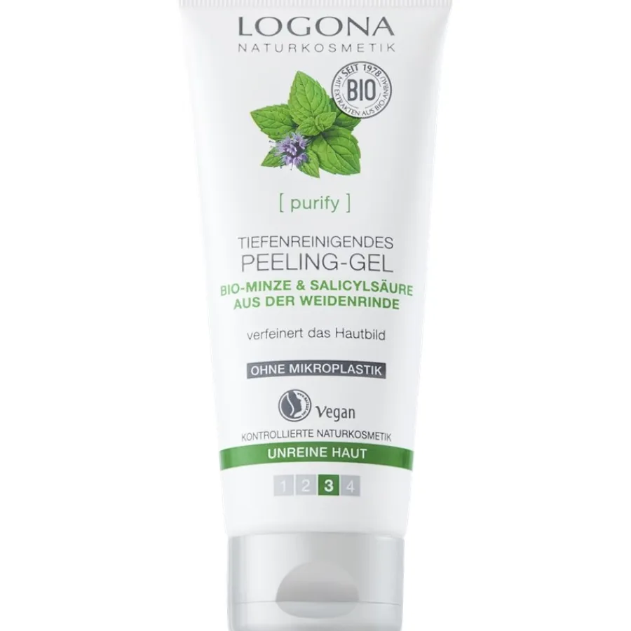 Reiniging|Gezichtspeeling^Logona Verhelderende peelinggel, Biologische munt & salicylzuur van wilgenbast